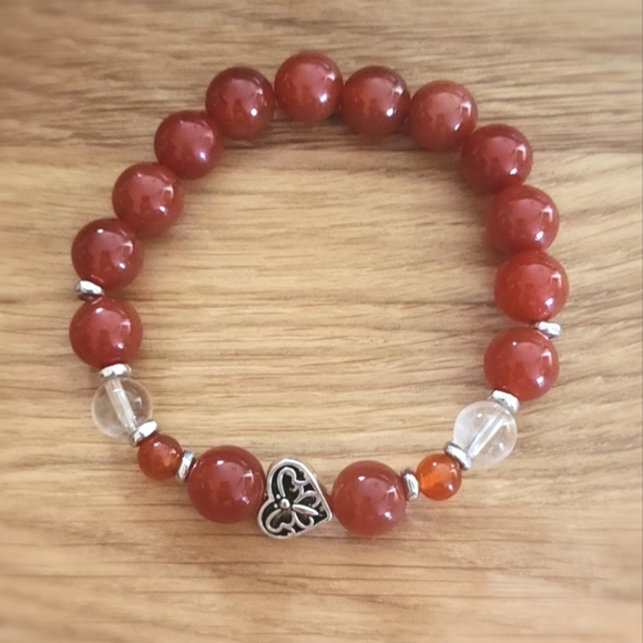 Hand Crafted Jewelry - Handcrafted Red Agate, Clear Quartz & Carnelian & Silver Heart Accent Bracelet